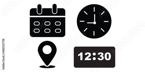 date, time, address or location icon set. calendar, clock and map symbol. clock sign. business schedule and office time clock. location pin sign.