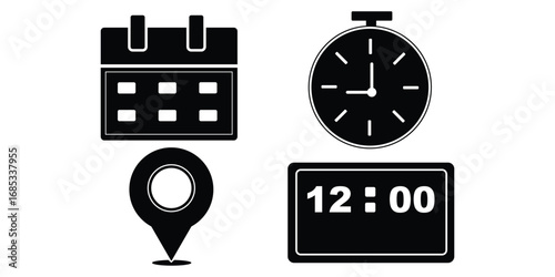 date, time, address or location icon set. calendar, clock and map symbol. clock sign. business schedule and office time clock. location pin sign.
