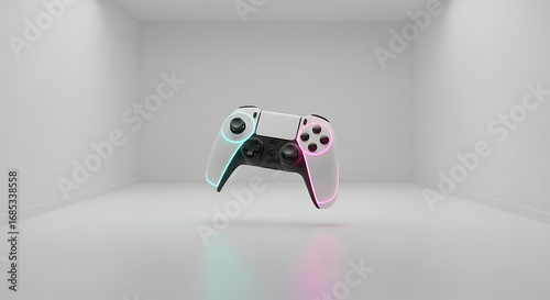 Modern gaming controller floating in futuristic white room with subtle lighting