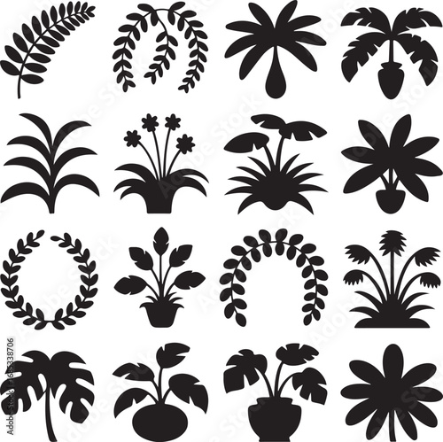 Assortment of potted plant and foliage silhouettes on white background Keywords: plant, potted