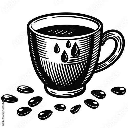 An isolated ceramic coffee cup vector with a morning brew and a few coffee beans
