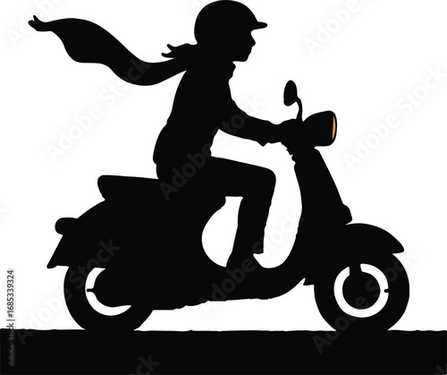 A vintage vector silhouette of a woman riding a scooter motorcycle on the road