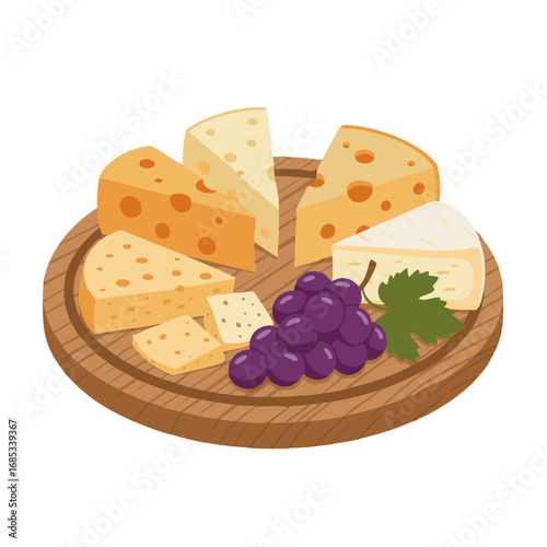 Round wooden cheese platter with wedges and grapes flat vector