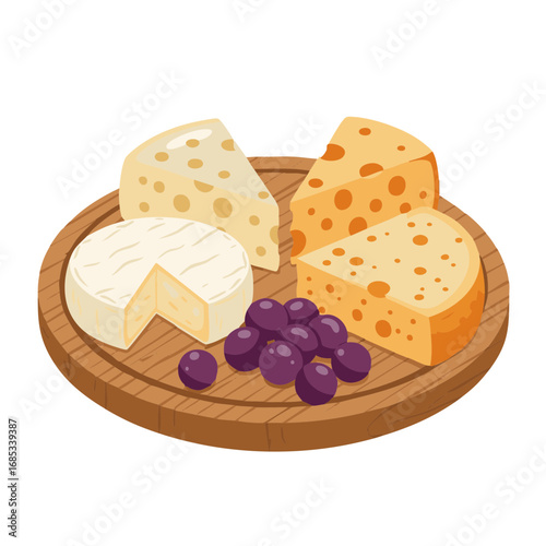Round wooden cheese platter with wedges and grapes flat vector