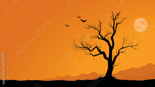Minimal Halloween background with black silhouette of haunted tree and bats on gradient orange sky