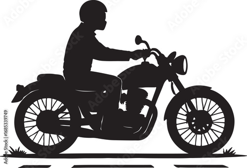 Black silhouette of a biker riding a motorcycle at high speed on the road