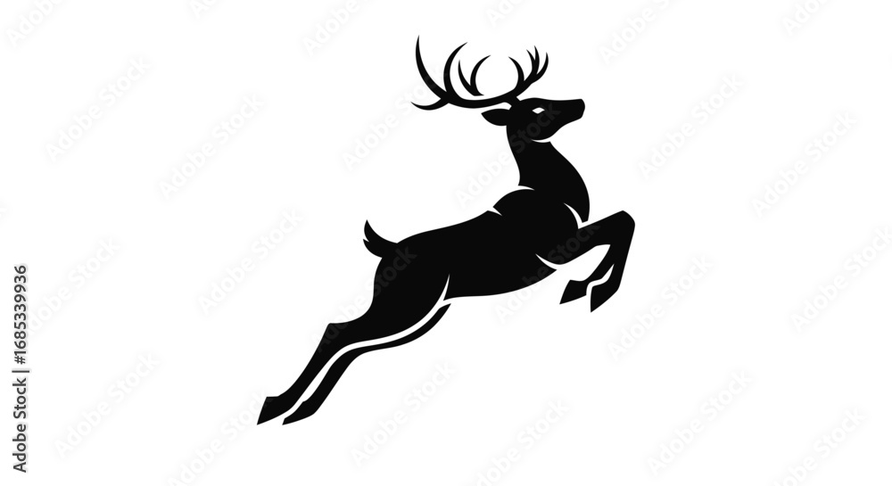 Dynamic black silhouette of a leaping deer with prominent antlers, isolated graphic.