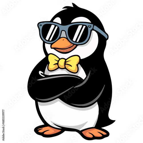 Cute Cartoon Penguin Wearing Glasses Holding a Baseball Illustration