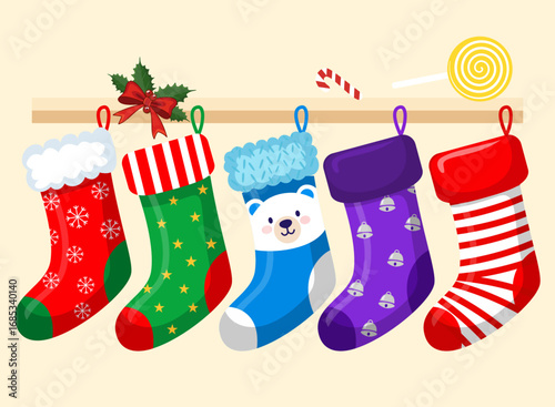 Christmas stockings with various traditional colorful holiday ornaments.