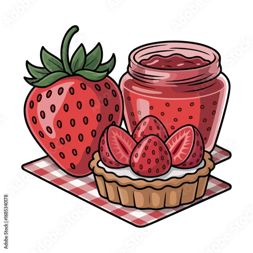 Strawberry jam in a glass jar with fresh red berries isolated on white background illustration