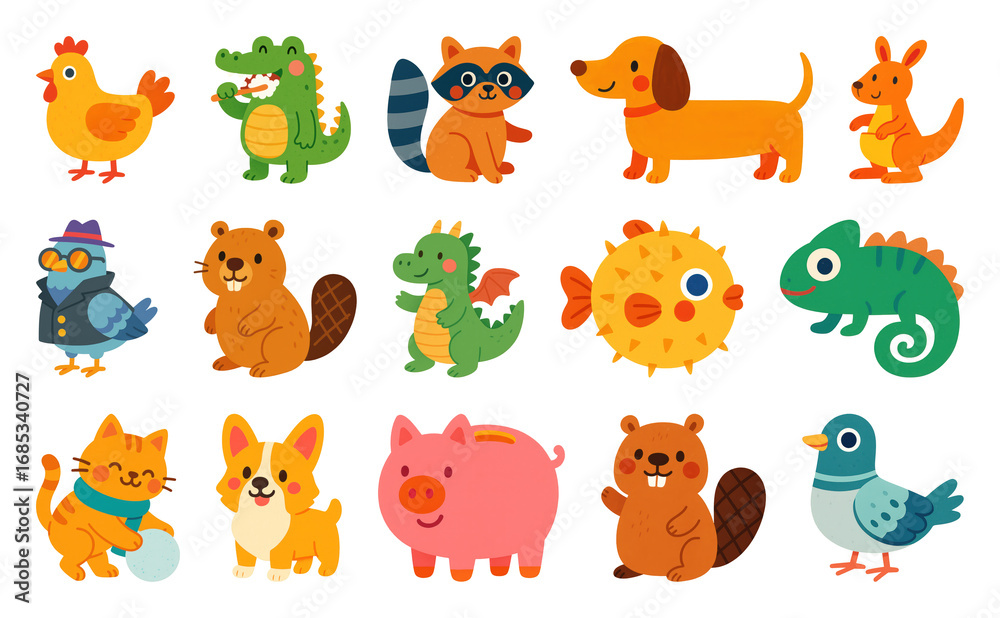 Fototapeta premium PNG Colorful cartoon animal collection, element set on transparent background