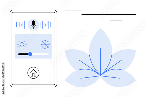 Smartphone screen with voice assistant, sun and snow icons, temperature slider, and a floral motif suggesting calm. Ideal for smart tech, energy efficiency, automation, relaxation, nature