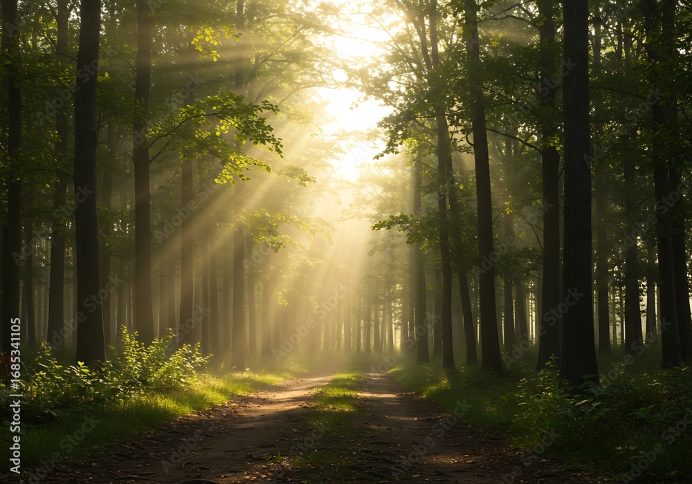 Obraz premium Sunlight filtering through the trees, creating a magical and serene forest path