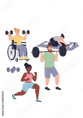 Diverse individuals engaging in dynamic fitness routines, showcasing strength training, flexibility, and inclusive workouts for a healthy and active lifestyle
