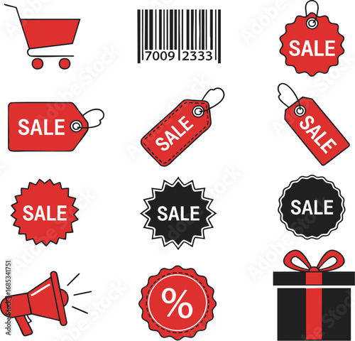Collection of shopping elements represents retail sales and discounts on a white surface, creating a promotional theme for commerce and consumerism.