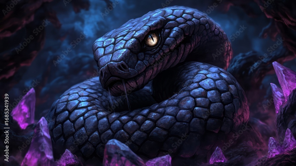 Fototapeta premium A Dark Blue Serpent Curled Among Vibrant Crystals in Mysterious Environment