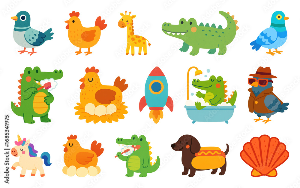 Obraz premium PNG Colorful cartoon animal illustrations, element set on transparent background