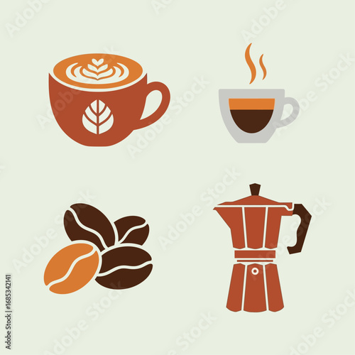 Coffee Shop Icons Latte, Espresso, Beans, Moka Pot