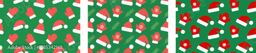 Whimsical Christmas pattern with Santa hats and mittens on a festive green background.