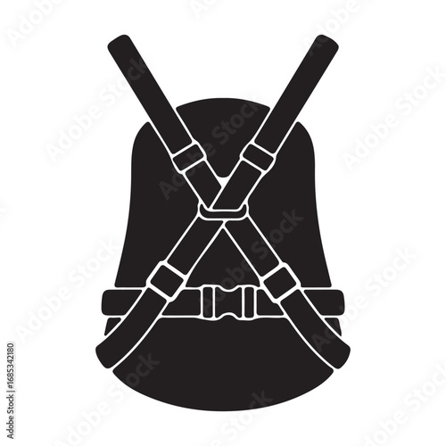 Black silhouette of a safety harness with adjustable straps for industrial safety equipment providing security and protection in various applications for workers