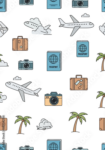 Travel Pattern Seamless Background with Planes, Passport, Luggage, and Palm Trees for Vacation