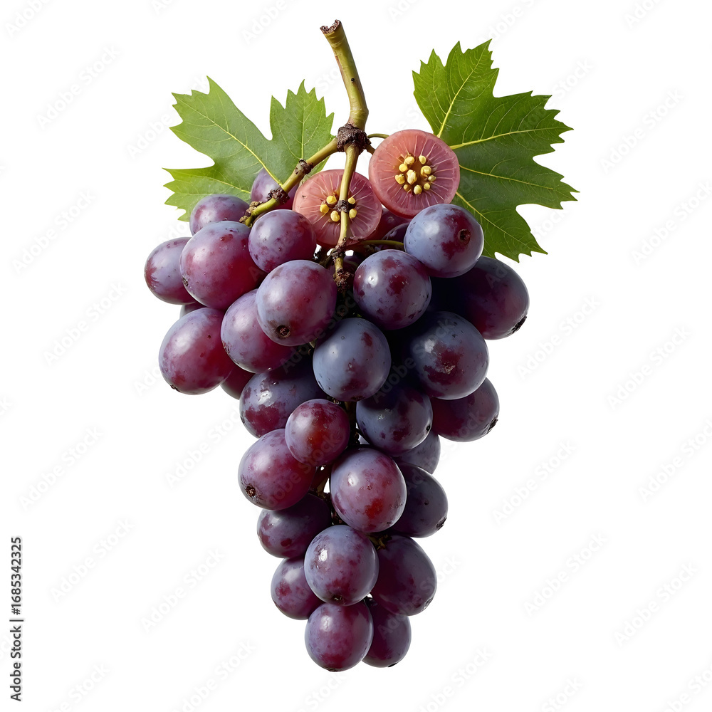 Fototapeta premium A bunch of dark purple grapes with leaves on a white background