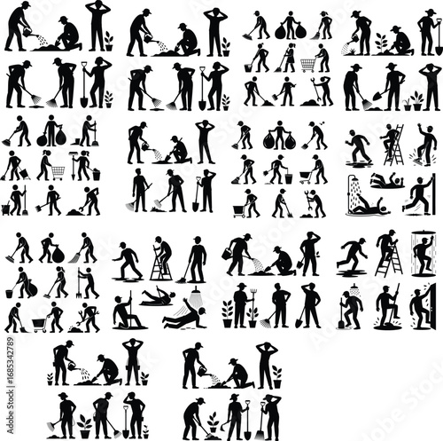 Gardening and cleaning activities silhouettes people