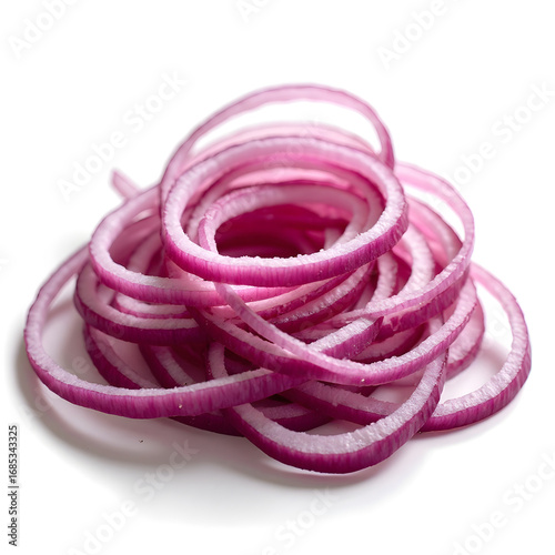 A pile of thinly sliced red onion rings on a white background