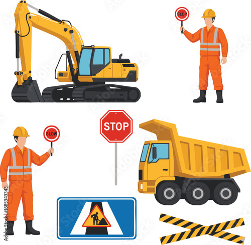 Construction vehicles and workers stand ready at the construction site, ensuring safety and progress with their equipment and signage.