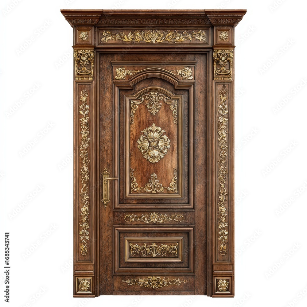 Elegant Ornate Wooden Door with Intricate Gold Detailing and Carving A Luxurious Interior Design Element
