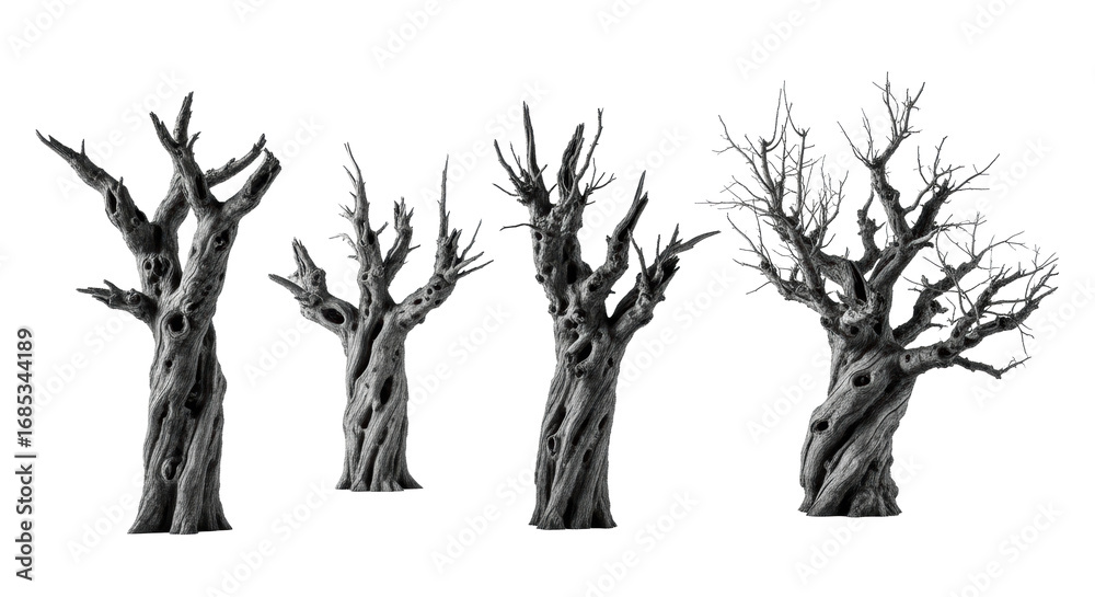 Fototapeta premium Four ancient, stunted, charcoal-grey, gnarled trees with sparse branches, detailed textures, sharp focus against a high-key, transparent background, concept of timeless resilience