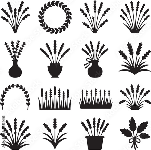 Collection of black silhouette lavender and floral elements wheat grain