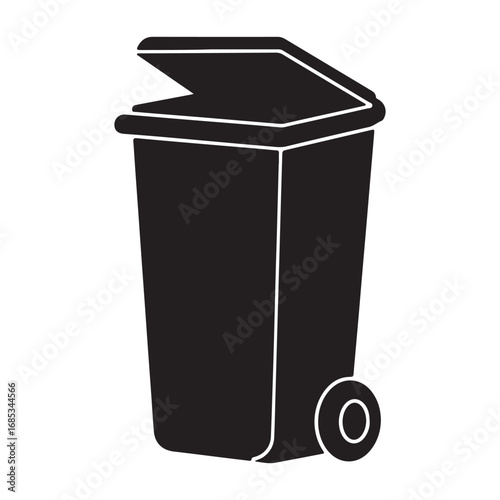 Black Trash Can with Wheel and Open Lid for Waste Disposal and Recycling Vector Illustration