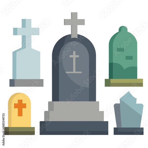 Collection of flat design gravestones and cemetery monuments