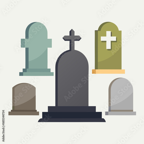 Collection of flat design gravestones and tombstones in various shapes and colors