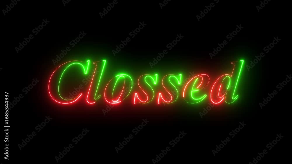 Neon glowing closed text animation on black background. animation motion graphics. 4k video