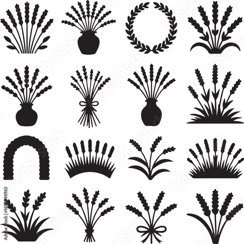 Collection of black silhouette lavender and floral wreath icons on white background flower