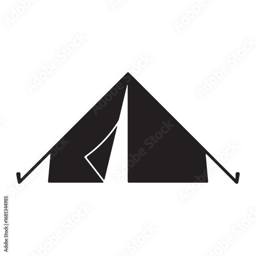 Camping tent silhouette in black and white representing outdoor adventure and minimalist design aesthetic for travel blogs