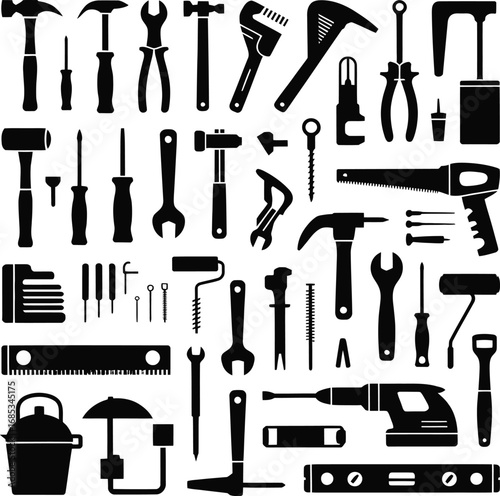 Various tools for construction and repair hammer screwdriver