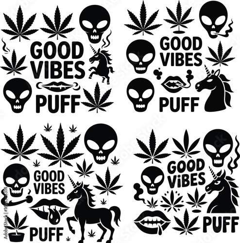Alien skull unicorn lips marijuana leaves puff good vibes