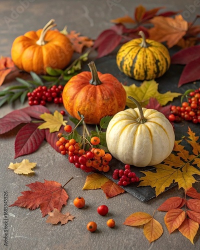 festive autumn decor from pumpkins berries and leaves concept of thanksgiving day or halloween 