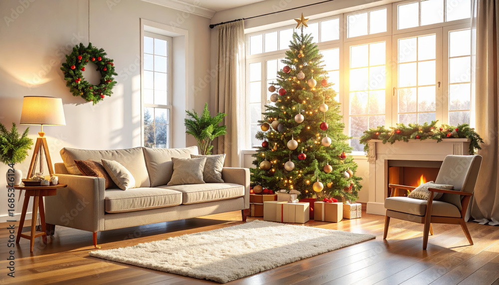 Naklejka premium Christmas tree decorated with lights and ornaments in cozy living room with sofa, armchair, fireplace, wreath, and warm sunlight creating festive and inviting atmosphere