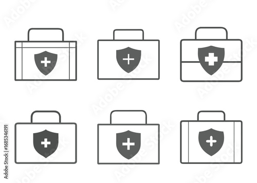 Set of six first aid kit icon variations with shield and plus symbol