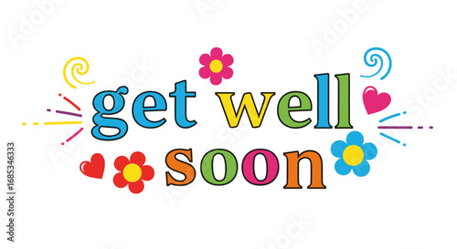 Colorful 'Get Well Soon' greeting with flowers and swirls.  Get well, message, encouragement, support, card, bright, colorful, fun, floral, decoration, illness, recovery.