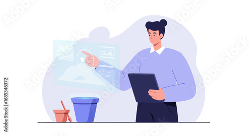 A man in a light purple sweater interacts with holographic data displays, holding a tablet, with a potted plant and gardening tools nearby.