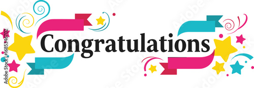 Colorful congratulations design with stars and ribbons. Celebration, achievement, greeting, success, typography, congratulatory, graphic, banner, happy, message