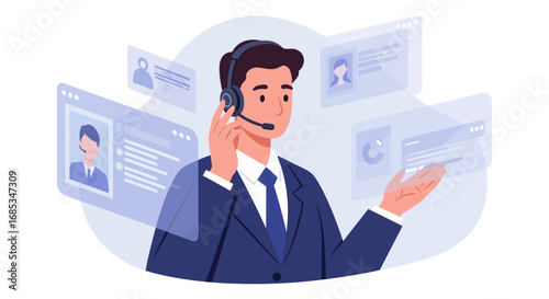 A customer service representative wearing a headset, interacting with virtual information screens.