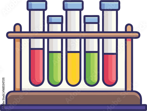Colorful test tubes in a wooden rack for scientific experiments