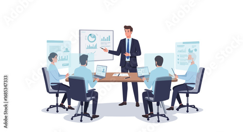 A business leader presenting data analysis to a team during a meeting, discussing strategies.