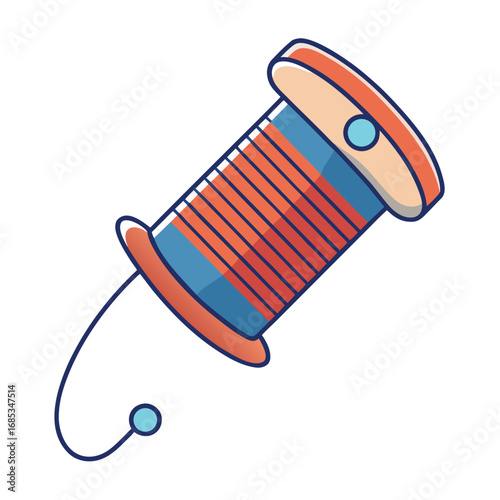Colorful illustration of a spool of thread with blue and orange stripes
